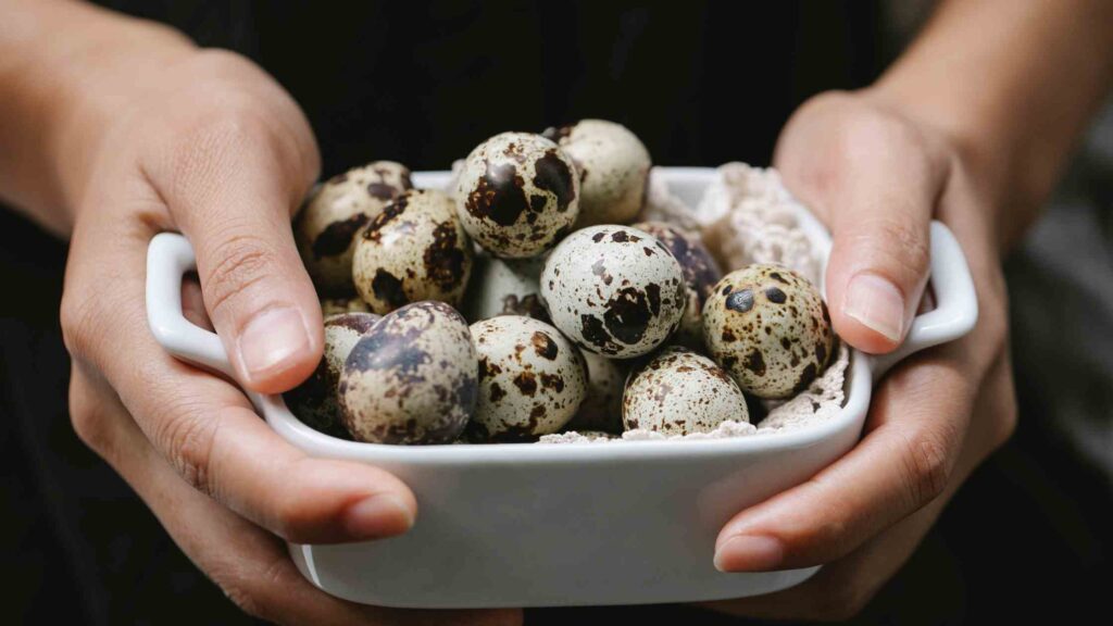 woman holding quail eggs